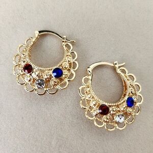 Gild Filled Filigree Hoop Earrings with Red White and Blue Crystals